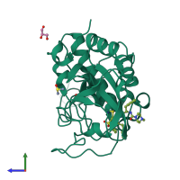 PDB entry 8he9 coloured by chain, side view.