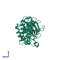 Monomeric assembly 1 of PDB entry 8hoa coloured by chemically distinct molecules, side view.