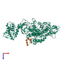 Monomeric assembly 2 of PDB entry 8hwk coloured by chemically distinct molecules, top view.