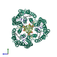 Homo trimeric assembly 1 of PDB entry 8ifu coloured by chemically distinct molecules, side view.