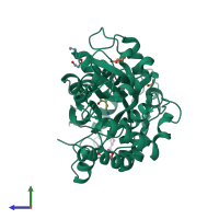 Monomeric assembly 1 of PDB entry 8jv1 coloured by chemically distinct molecules, side view.