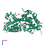 Monomeric assembly 1 of PDB entry 8jv1 coloured by chemically distinct molecules, top view.