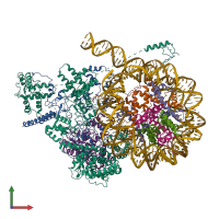 Hetero 16-meric assembly 1 of PDB entry 8kd4 coloured by chemically distinct molecules, front view.