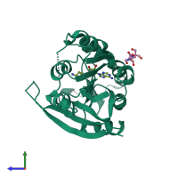Monomeric assembly 1 of PDB entry 8owx coloured by chemically distinct molecules, side view.