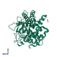 Monomeric assembly 1 of PDB entry 8pak coloured by chemically distinct molecules, side view.