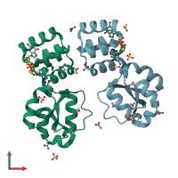 PDB entry 8pe0 coloured by chain, front view.