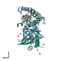 PDB entry 8pe0 coloured by chain, side view.