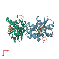 PDB entry 8pe0 coloured by chain, top view.