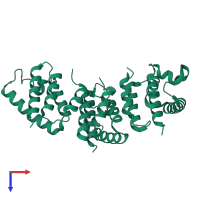 Homo trimeric assembly 1 of PDB entry 8pu8 coloured by chemically distinct molecules, top view.