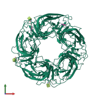 Homo pentameric assembly 1 of PDB entry 8q1t coloured by chemically distinct molecules, front view.