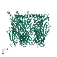 Homo pentameric assembly 1 of PDB entry 8q1t coloured by chemically distinct molecules, top view.