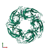 Homo pentameric assembly 2 of PDB entry 8q1t coloured by chemically distinct molecules, front view.