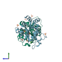 PDB entry 8q38 coloured by chain, side view.