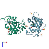 PDB entry 8q38 coloured by chain, top view.