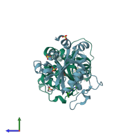 PDB entry 8q39 coloured by chain, side view.