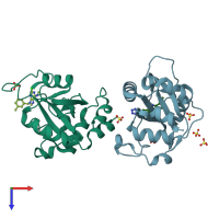 PDB entry 8q39 coloured by chain, top view.