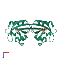 Homo dimeric assembly 2 of PDB entry 8qif coloured by chemically distinct molecules, top view.