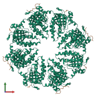 Hetero 16-meric assembly 1 of PDB entry 8qqe coloured by chemically distinct molecules, front view.