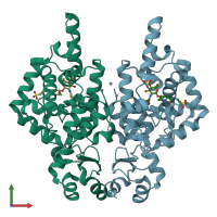 PDB entry 8rhe coloured by chain, front view.