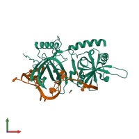 PDB entry 8sh0 coloured by chain, front view.