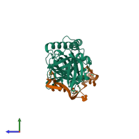 PDB entry 8sh0 coloured by chain, side view.