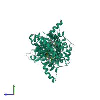 Homo dimeric assembly 1 of PDB entry 8svt coloured by chemically distinct molecules, side view.