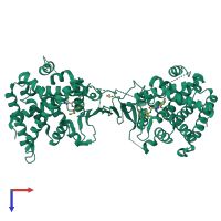 Homo dimeric assembly 1 of PDB entry 8svt coloured by chemically distinct molecules, top view.