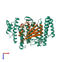 Hetero dimeric assembly 1 of PDB entry 8sym coloured by chemically distinct molecules, top view.