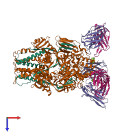 Hetero dodecameric assembly 1 of PDB entry 8t7a coloured by chemically distinct molecules, top view.