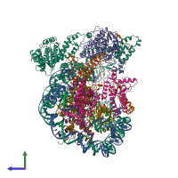 Hetero 18-meric assembly 1 of PDB entry 8w9d coloured by chemically distinct molecules, side view.