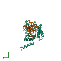 PDB entry 8wma coloured by chain, side view.