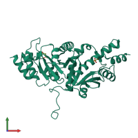 Homo dimeric assembly 1 of PDB entry 8zn2 coloured by chemically distinct molecules, front view.