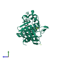 Monomeric assembly 1 of PDB entry 9cyo coloured by chemically distinct molecules, side view.