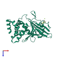 Monomeric assembly 1 of PDB entry 9cyo coloured by chemically distinct molecules, top view.